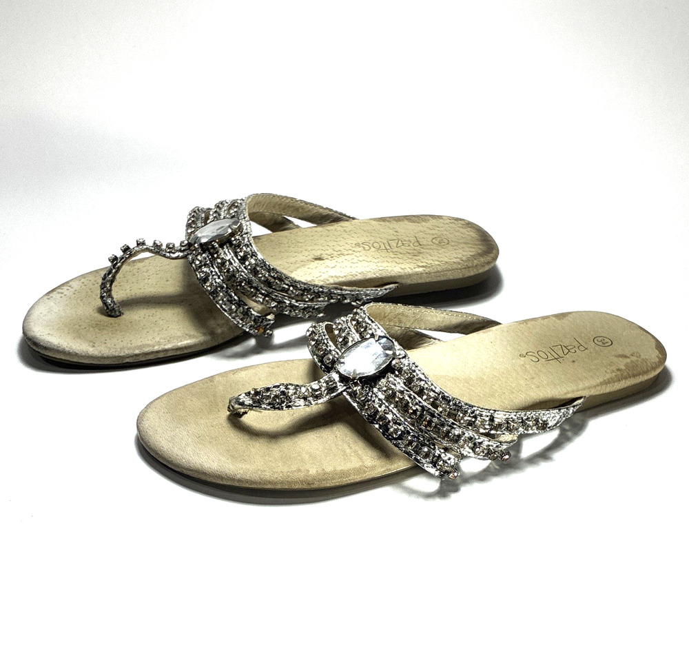 Pezitos Girls Silver Rhinestone Dressy Strappy Thong Slip-On Sandals Kids EU 34